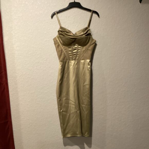 Bella Barnett Olive Green Satin corset Knee length pencil Dress NWT size small - Picture 2 of 12